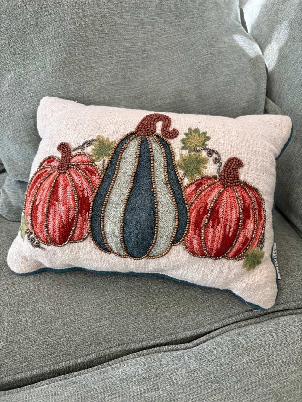 Autumn Blessings Beaded Embroidered Pumpkin Lumbar Accent Pillow 10" x 13"